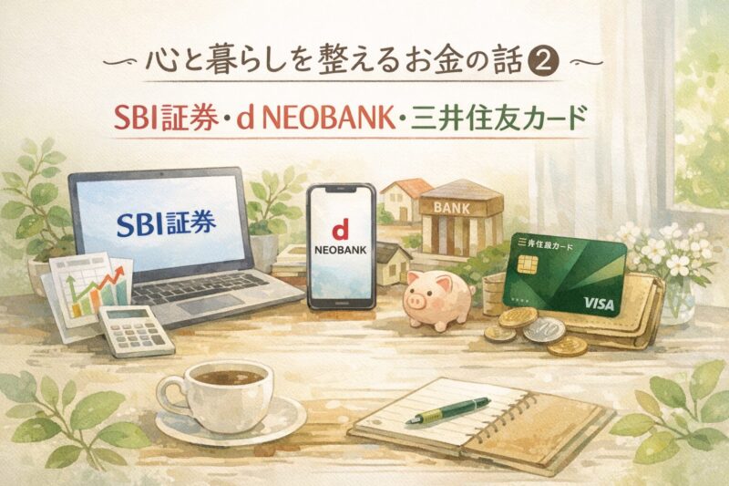 SBI証券・d NEOBANK・三井住友カードを使って心と暮らしを整えるお金の話。口座と支払いを整え、安心感のある資産形成をイメージ
