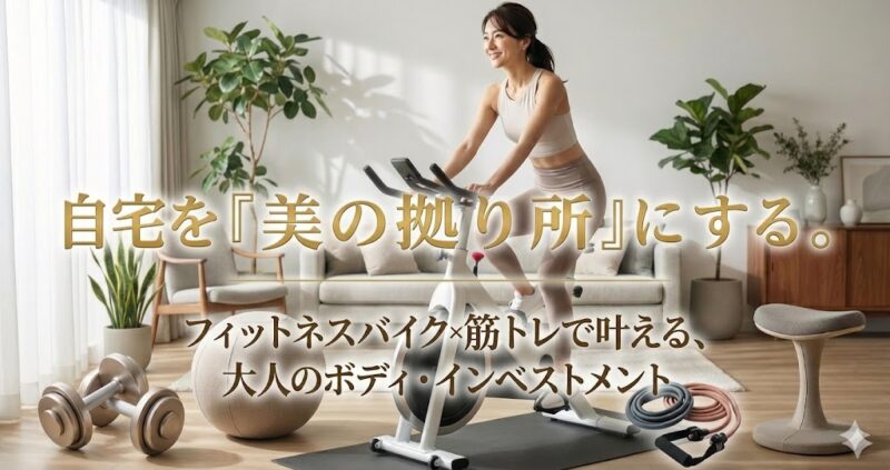 自宅を「美の拠り所」にする。フィットネスバイク×筋トレで叶える、大人のボディ・インベストメント。リビングで運動する女性と自宅ジム器具（ダンベル・バランスボール・スツール）
