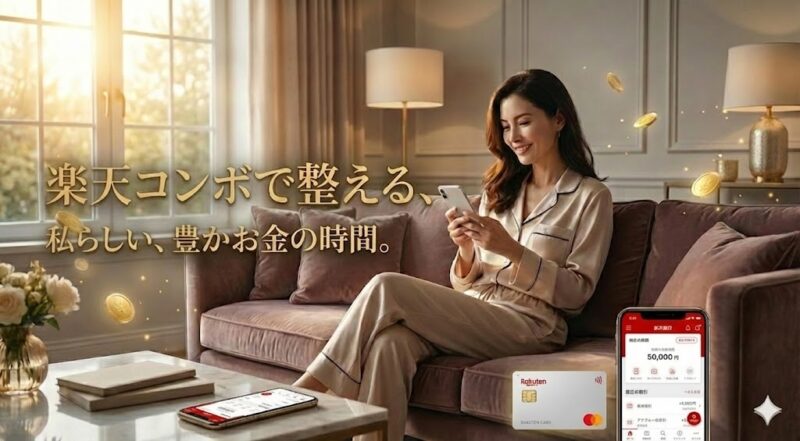 「楽天コンボで整える、私らしい、豊かなお金の時間。」という文字と、スマホで楽天銀行の画面を見ている女性の画像