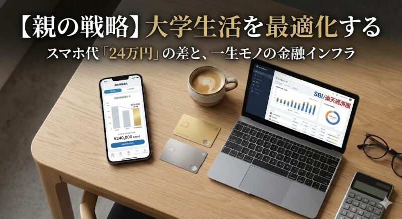 大学生の親向け記事のアイキャッチ画像。「【親の戦略】大学生活を最適化する スマホ代「24万円」の差と、一生モノの金融インフラ」というタイトル。スマホ画面には通信費最適化で24万円節約できたグラフ、ノートPC画面にはSBI/楽天経済圏の資産推移グラフが表示され、ゴールドとシルバーのクレジットカード、電卓が置かれた賢いデスク周りを表現している。