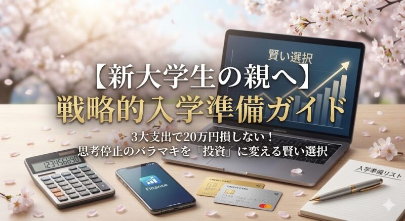 新入生の親向け「戦略的入学準備ガイド」記事のアイキャッチ画像。タイトル文字は「【新大学生の親へ】戦略的入学準備ガイド 3大支出で20万円損しない！思考停止のバラマキを「投資」に変える賢い選択」。桜を背景に、右肩上がりの「賢い選択」グラフが表示されたノートPC、Financeアプリのスマホ、電卓、クレジットカード、入学準備リストのメモ帳が置かれ、前向きで賢いスタートを象徴している。