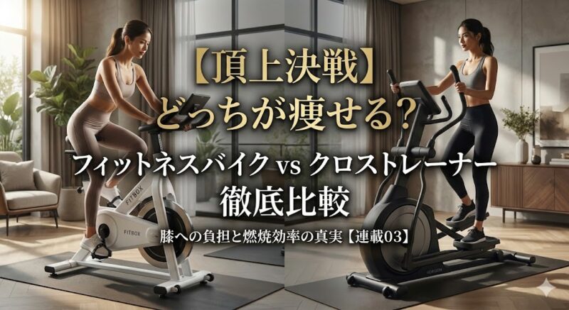 スタイリッシュな自宅ジムで、左側はフィットネスバイク、右側はクロストレーナーを使って運動する女性の比較画像。「頂上決戦 どっちが痩せる？」の文字入れ