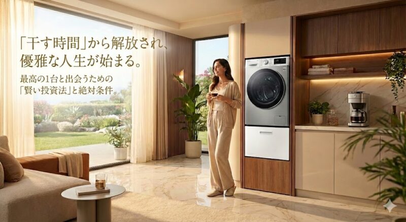 海を一望するリュクスなリビングで、最新のドラム式洗濯機乾燥機の横に立ち、優雅にコーヒーを飲む女性。キャッチコピー「『干す時間』から解放され、優雅な人生が始まる。最高の１台と出会うための『賢い投資法』と絶対条件。」が配置された記事タイトル画像。