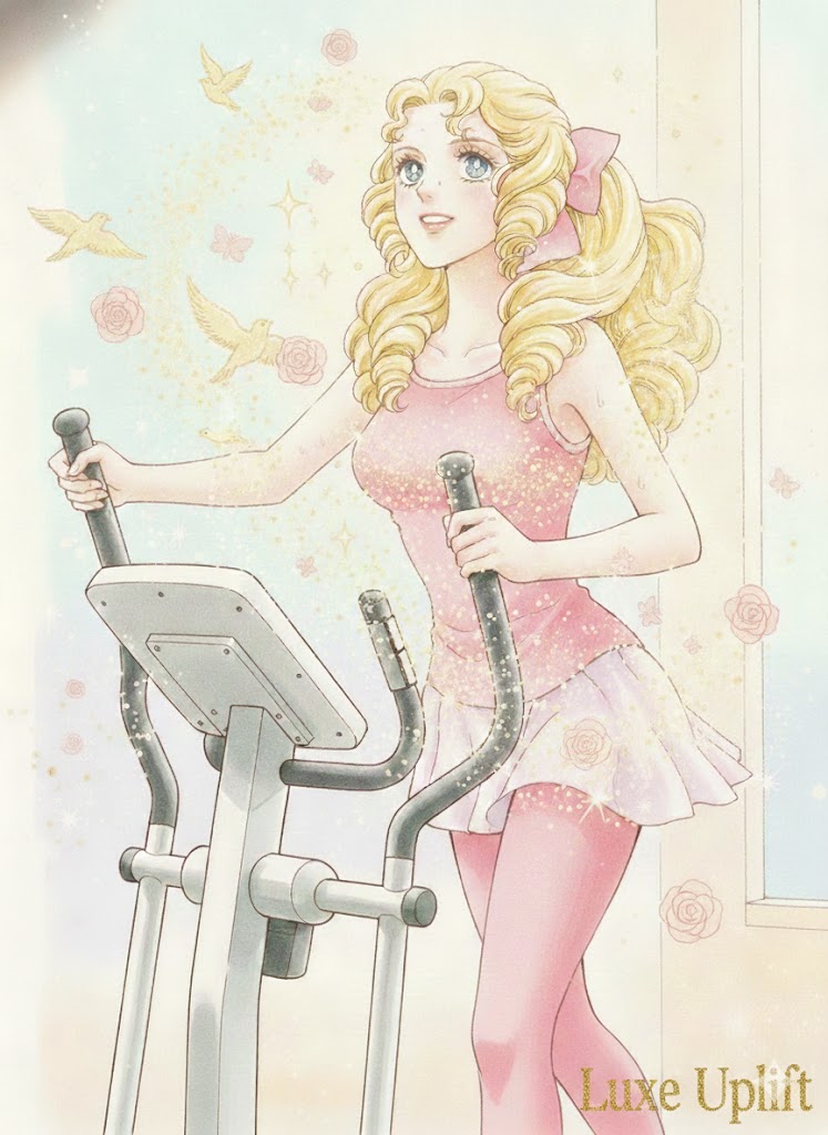 昭和レトロな少女漫画風のイラスト。金髪の女性が家庭用クロストレーナーで優雅にトレーニングをしている様子。背景にはバラや鳥、キラキラしたエフェクトが描かれている。