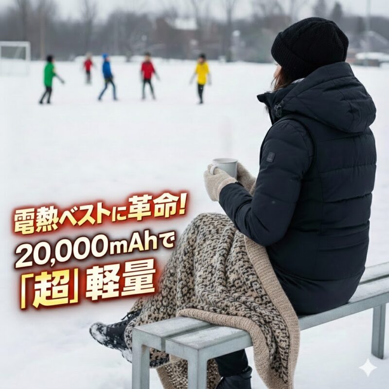 雪の積もった屋外でベンチに座り、温かい飲み物を持つ女性の背後からのショット。背景には雪の中で遊ぶ子供たちの姿。画像内には「電熱ベストに革命！20,000mAhで『超』軽量」というキャッチコピーのテキスト。