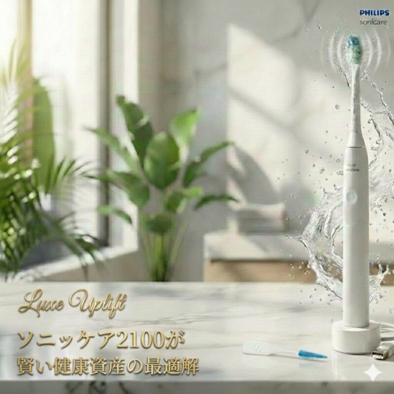 フィリップス ソニッケアー 2100のレビュー画像。大理石のカウンターに置かれた電動歯ブラシと歯間ブラシ、「ソニッケアー2100が賢い健康資産の最適解」というLuxe Upliftのキャッチコピー。