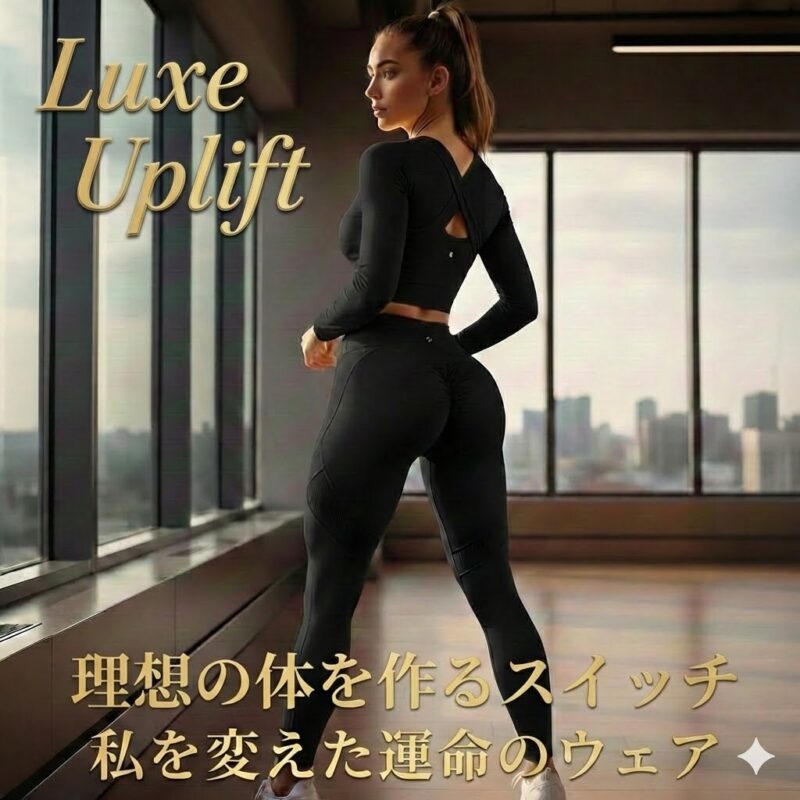 レギンスを着用した女性の後ろ姿とLuxe Upliftのロゴ。理想の体を作るスイッチ、私を変えた運命のウェア。