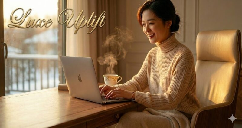 UPLIFT COLUMN：足元パネルヒーターを使用して快適にパソコン作業をする女性。冬の生産性を高めるデスク環境