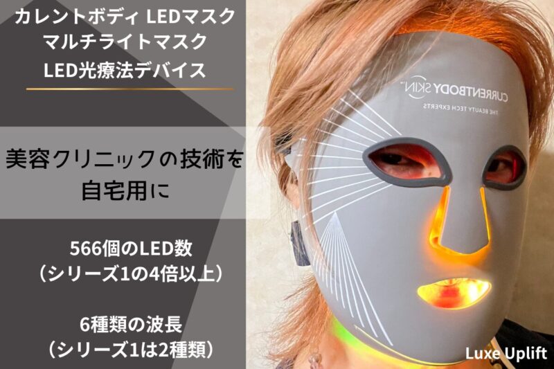 カレントボディLEDマルチライトマスクを実際に装着し赤色LEDを照射している様子。566個のLED・6種類の波長を搭載したLED光療法デバイス