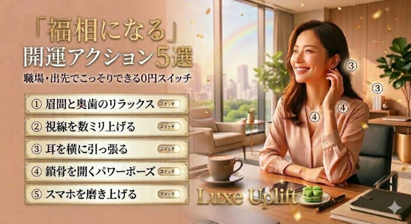 豪華なオフィスのデスクで笑顔の女性が窓の外を眺める。左側には、『福相になる』開運アクション5選として、眉間リラックス、視線上げ、耳引っ張り、鎖骨開き、スマホ磨きの方法がリストされている。金色の光沢粒子が舞う、幸せな雰囲気のアイキャッチ画像。