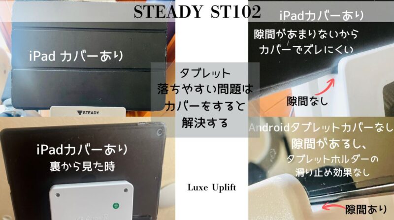STEADY ST102のタブレットホルダー検証。カバー付きiPadは隙間なく安定し、カバーなしタブレットは隙間ができて落ちやすい