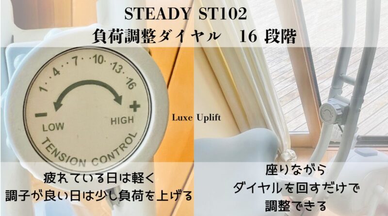 STEADY ST102の負荷調整ダイヤル。1〜16段階の目盛りがあり、座りながら回すだけで負荷を調整できる