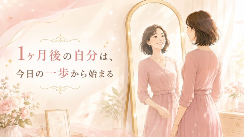 鏡の前で微笑む50代女性のイラスト。1ヶ月後の自分は今日の一歩から始まる
