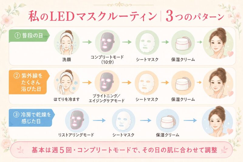 私のLEDマスクルーティン3パターン。普段の日は洗顔→コンプリートモード10分→シートマスク→保湿クリーム。紫外線を浴びた日はほてりを冷ましてからブライトニングまたはエイジングケアモード。冷房で乾燥を感じた日はリストアリングモード。基本は週5回・コンプリートモード