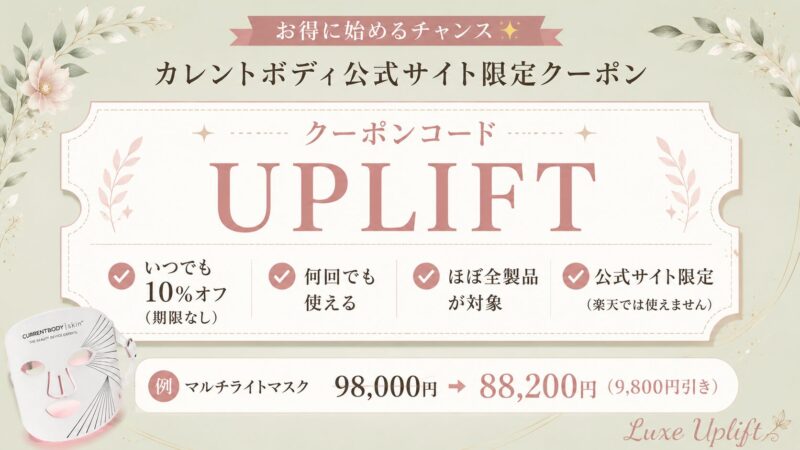 カレントボディのクーポンコードUPLIFT。期限なし・何回でも使える・ほぼ全製品対象・公式サイト限定で10%オフ。マルチライトマスクなら98,000円が88,200円に