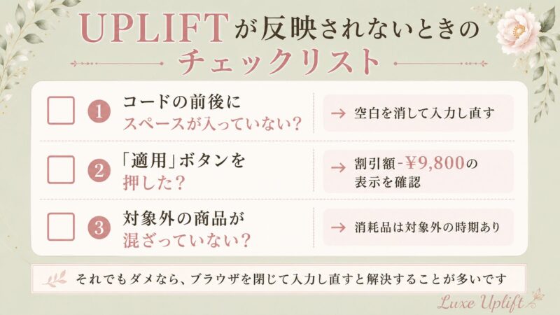 カレントボディのクーポンUPLIFTが反映されないときのチェックリスト。前後のスペース削除、適用ボタンの押し忘れ確認、対象外商品の確認