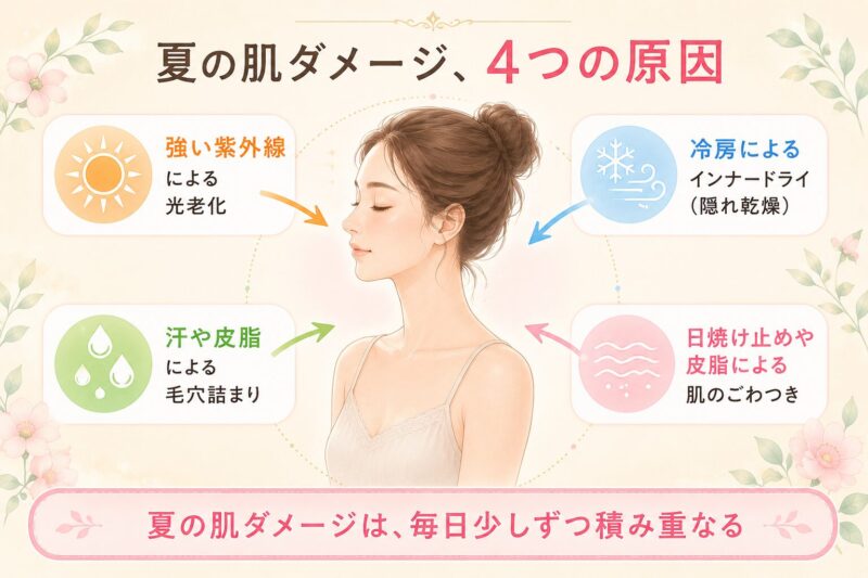 夏の肌ダメージの4つの原因。強い紫外線による光老化、冷房によるインナードライ（隠れ乾燥）、汗や皮脂による毛穴詰まり、日焼け止めや皮脂による肌のごわつき